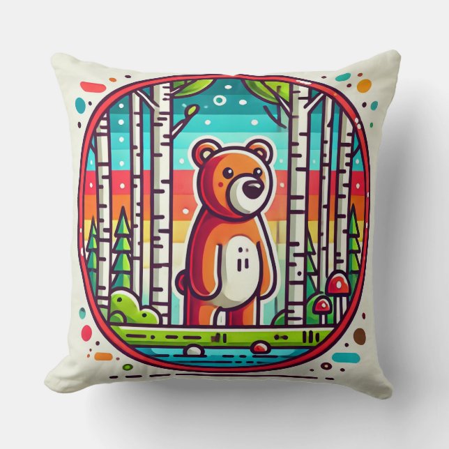 Cartoon Bear in a Colorful Forest Throw Pillow (Front)