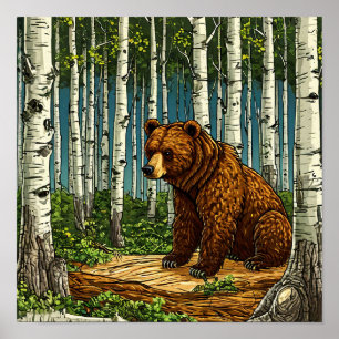 🐻 Cartoon Bear In Birch Forest Cute Woodland Poster