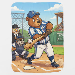 Cartoon Bear Playing Baseball Baby Blanket