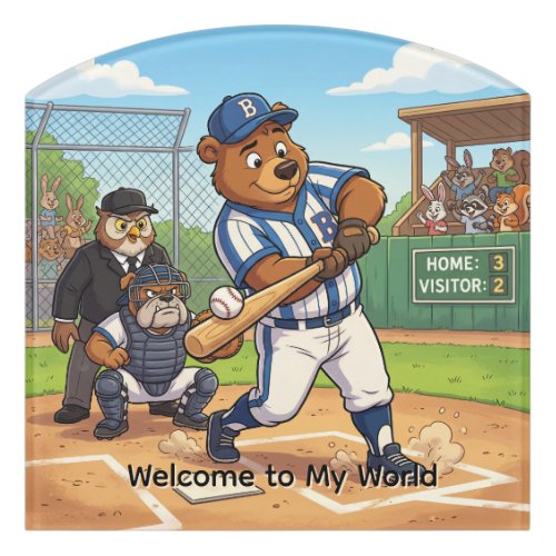 Cartoon Bear Playing Baseball | Personalize Door Sign