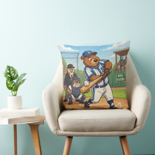 Cartoon Bear Playing Baseball Throw Pillow
