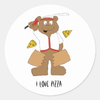 Cartoon Bear Slicing Pepperoni Pizza Classic Round Classic Round Sticker