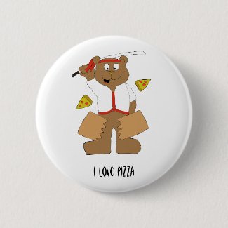 Cartoon Bear Slicing Pepperoni Pizza Pinback Button