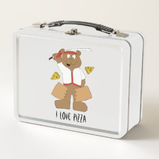 Cartoon Bear Slicing Pepperoni Pizza T-Shirt Metal Lunch Box
