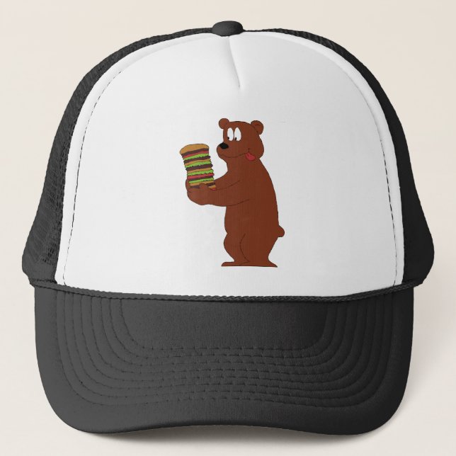 Cartoon Bear With Huge Hamburger Trucker Hat (Front)