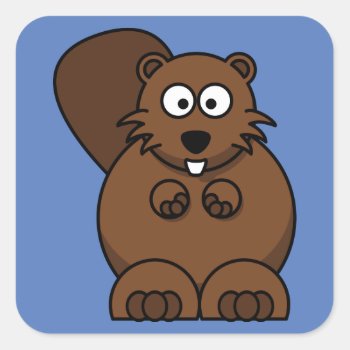 Cartoon Beaver With Blue Background Square Sticker by ZooCute at Zazzle
