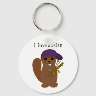 Cartoon Beaver with Purple Hat Keychain