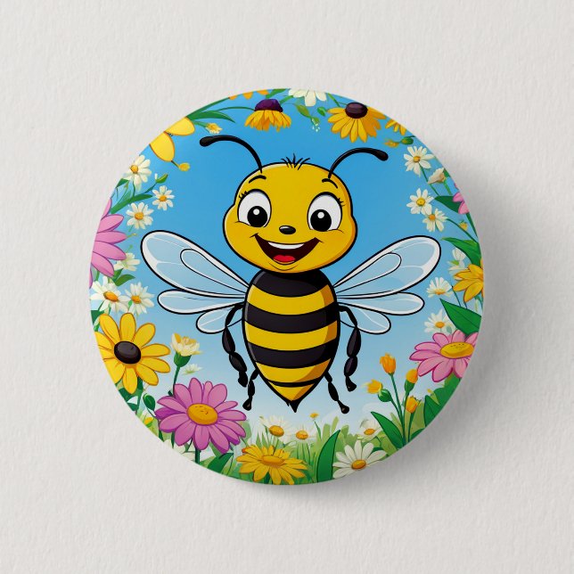 Cartoon Bee Colorful Flowers  Button (Front)