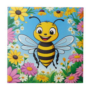 Cartoon Bee Colorful Flowers Ceramic Tile