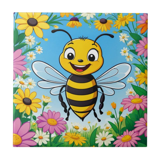 Cartoon Bee Colorful Flowers  Ceramic Tile (Front)