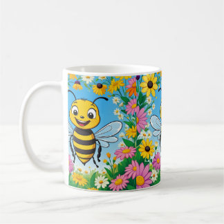 Cartoon Bee Colorful Flowers  Coffee Mug