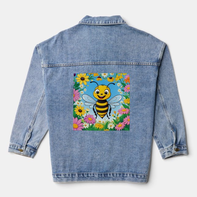 Cartoon Bee Colorful Flowers  Denim Jacket (Back)