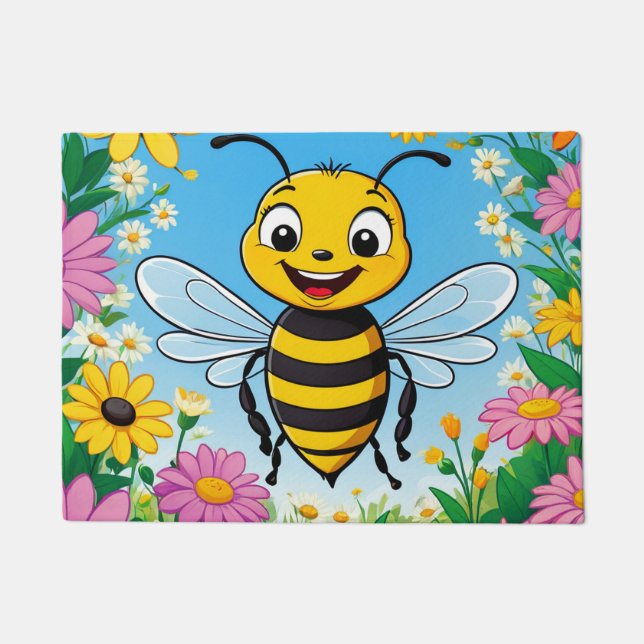 Cartoon Bee Colorful Flowers  Doormat (Front)