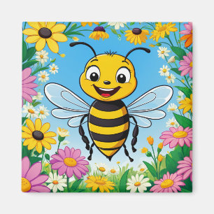 Cartoon Bee Colorful Flowers Magnet