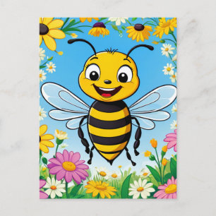 Cartoon Bee Colorful Flowers  Postcard