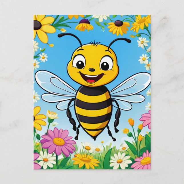 Cartoon Bee Colorful Flowers  Postcard (Front)