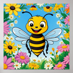 Cartoon Bee Colorful Flowers Poster