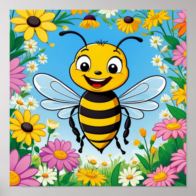 Cartoon Bee Colorful Flowers  Poster (Front)