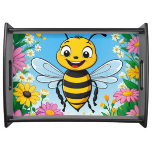 Cartoon Bee Colorful Flowers Serving Tray