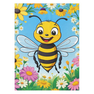 Cartoon Bee Colorful Flowers Tablecloth