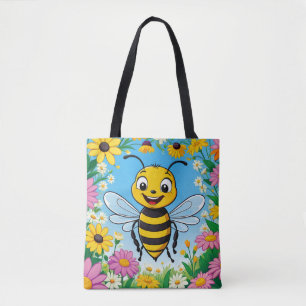 Cartoon Bee Colorful Flowers Tote Bag