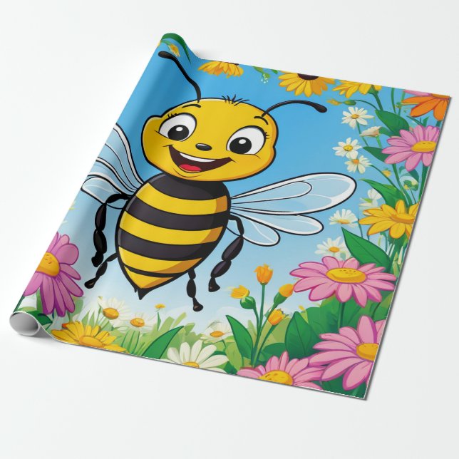 Cartoon Bee Colorful Flowers  Wrapping Paper (Unrolled)