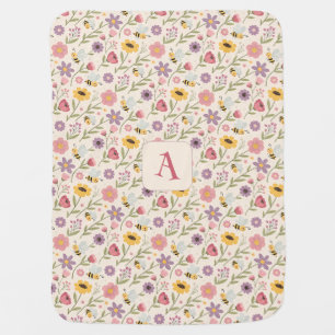 Cartoon bee flower yellow lavender pattern initial baby blanket