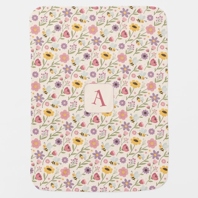 Cartoon bee flower yellow lavender pattern initial baby blanket (Front)