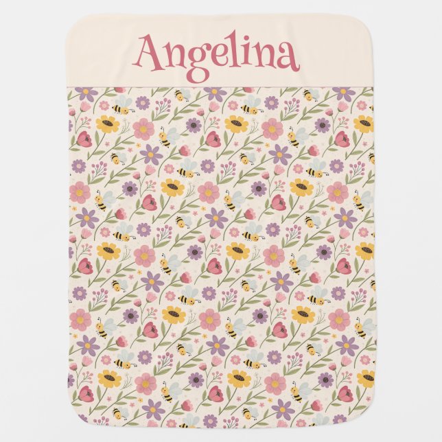 Cartoon bee flower yellow lavender pattern initial baby blanket (Front)