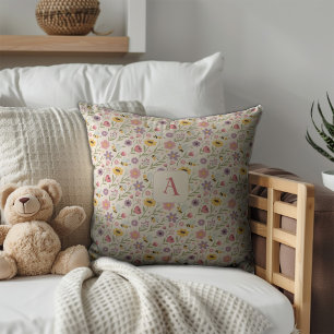 Cartoon bee flower yellow lavender pattern initial throw pillow