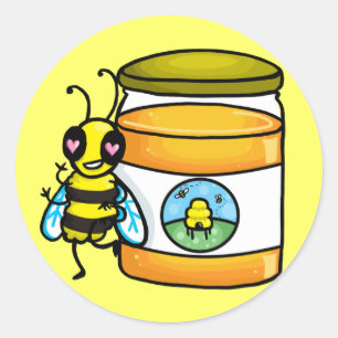 Cartoon bee leaning on honey jar classic round sticker