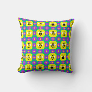 Cartoon Bees and Flowers Throw Pillow