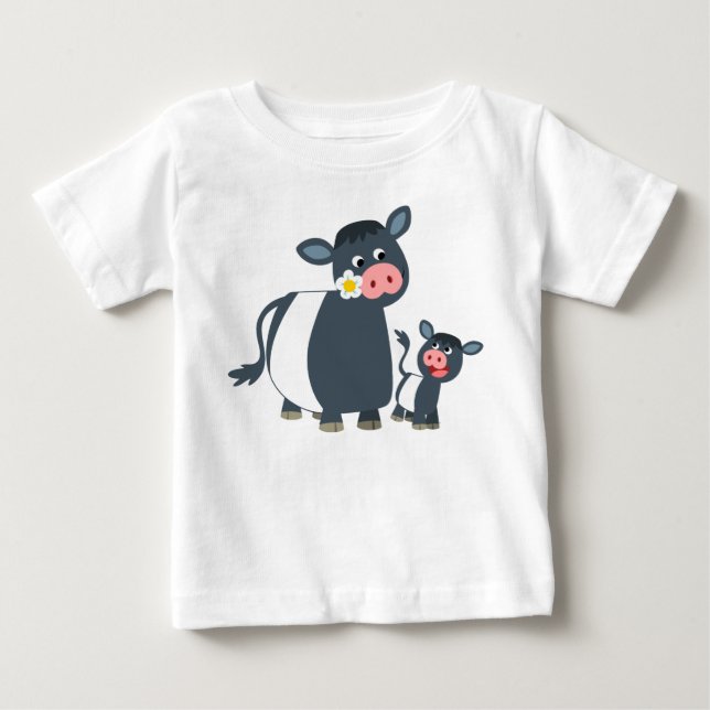 Cartoon Belted Galloway Cow & Calf Baby T-Shirt (Front)