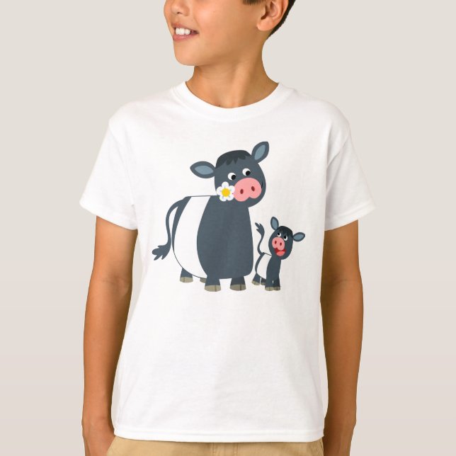 Cartoon Belted Galloway Cow & Calf Kids T-Shirt (Front)