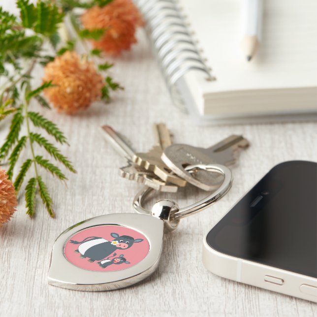 Cartoon Belted Galloway Cow & Calf Metal Keychain (Side)
