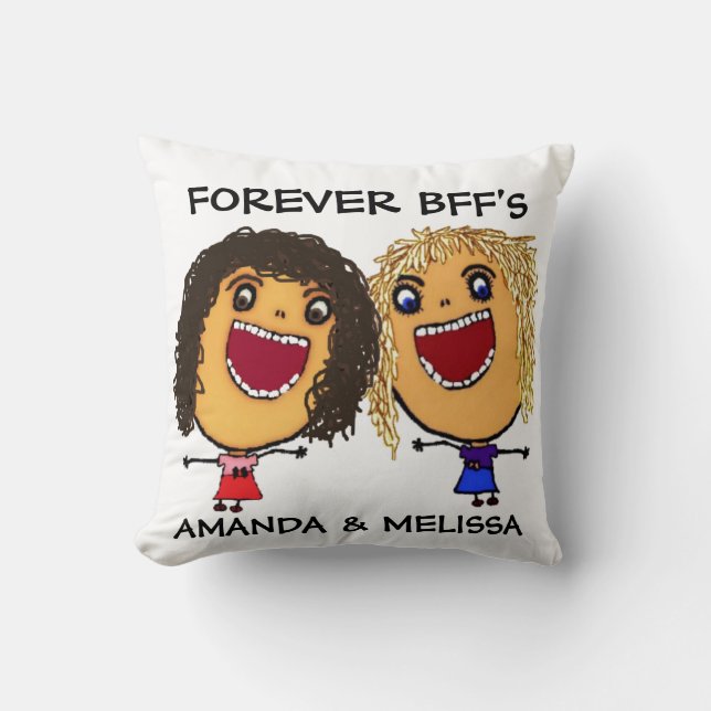 Cartoon Best Friend BFFs Blonde and Brunette Throw Pillow (Front)