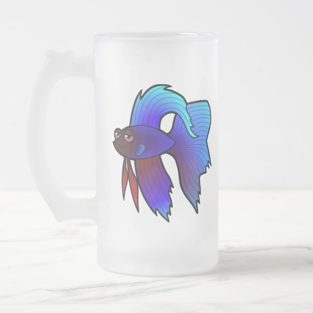 Cartoon Betta Fish / Siamese Fighting Fish Frosted Glass Beer Mug (Left)
