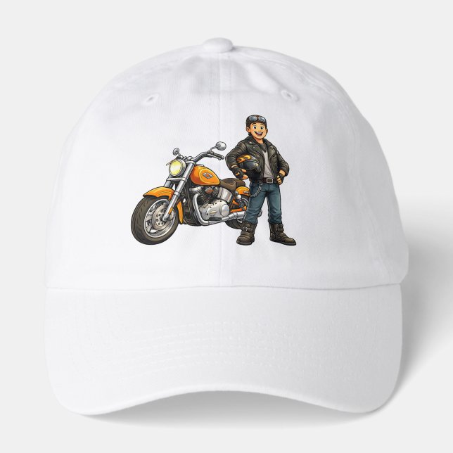 Cartoon Biker with Powerful Motorcycle Rider Art Hat (Front)