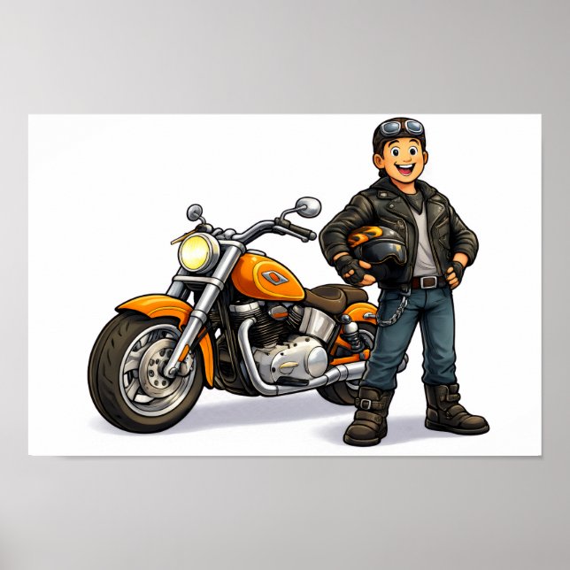 Cartoon Biker with Powerful Motorcycle Rider Art Poster (Front)