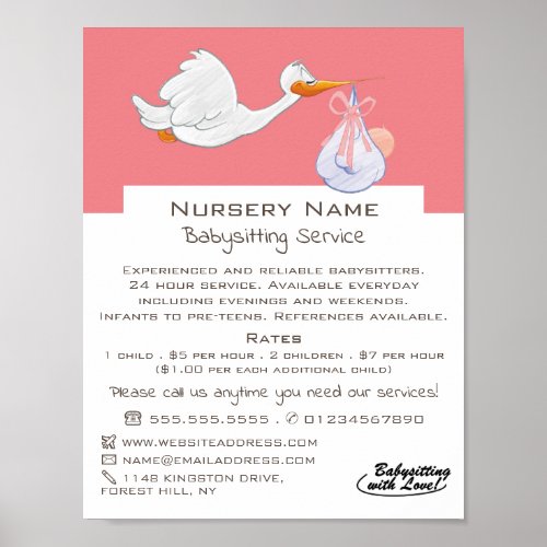 Cartoon Bird  Baby Babysitter Daycare Nursery Poster