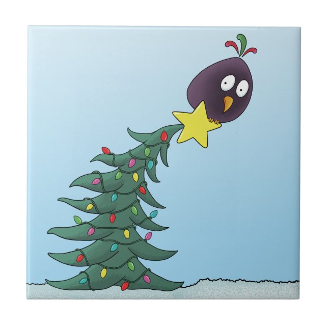 Cartoon Bird Christmas Tree Star Ceramic Tile (Front)