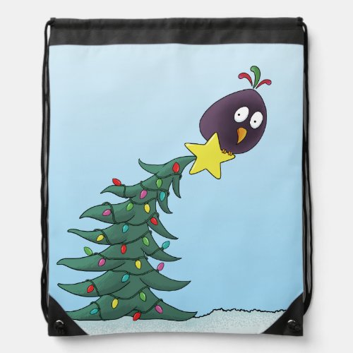 Cartoon Bird Christmas Tree Star Drawstring Bag