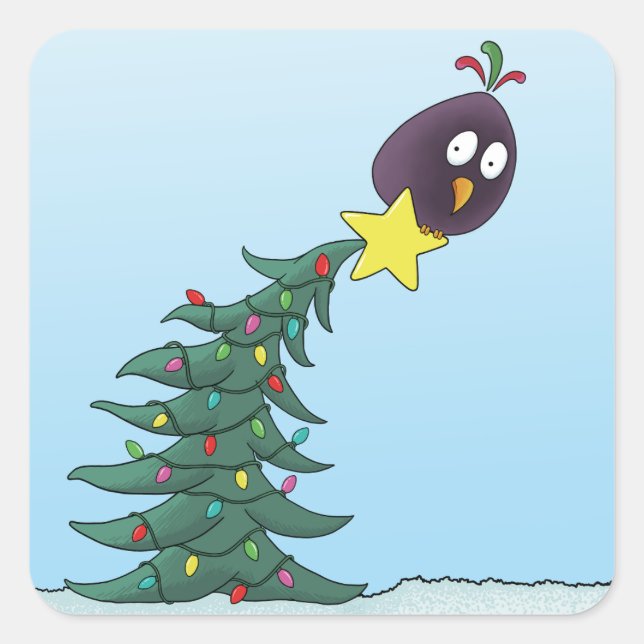 Cartoon Bird Christmas Tree Star Square Sticker (Front)