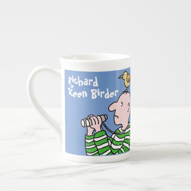 Cartoon Bird Watcher & Bird Bone China Mug (Left)
