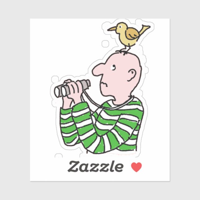 Cartoon birdwatcher with bird on his head. sticker (Sheet)