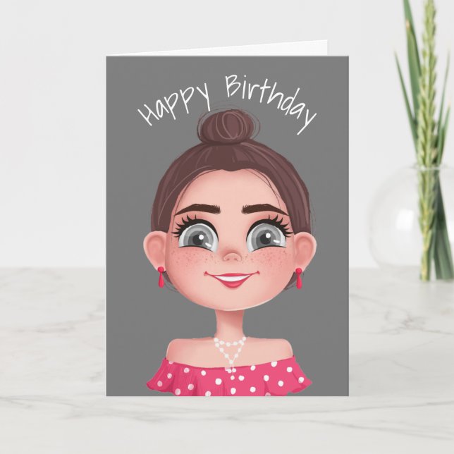 Cartoon Birthday Girl on Gray  Card (Front)