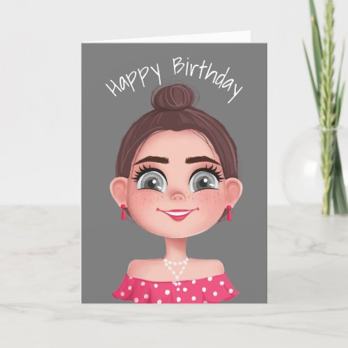 Cartoon Birthday Girl on Gray  Card