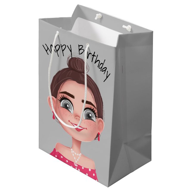 Cartoon Birthday Girl On Gray  Medium Gift Bag (Front Angled)