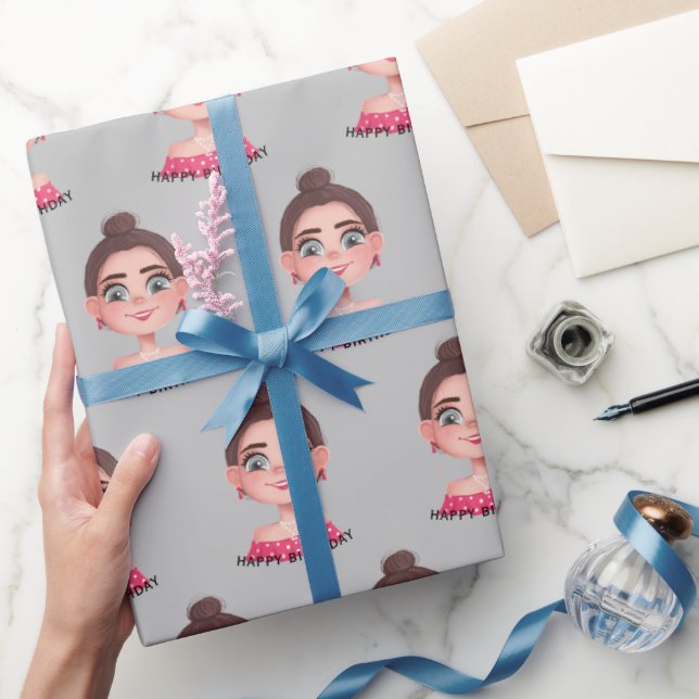Cartoon Birthday Girl On Gray Wrapping Paper (Gifting)