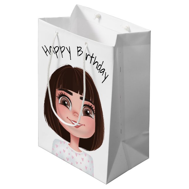 Cartoon Birthday Girl On White Medium Gift Bag (Front Angled)
